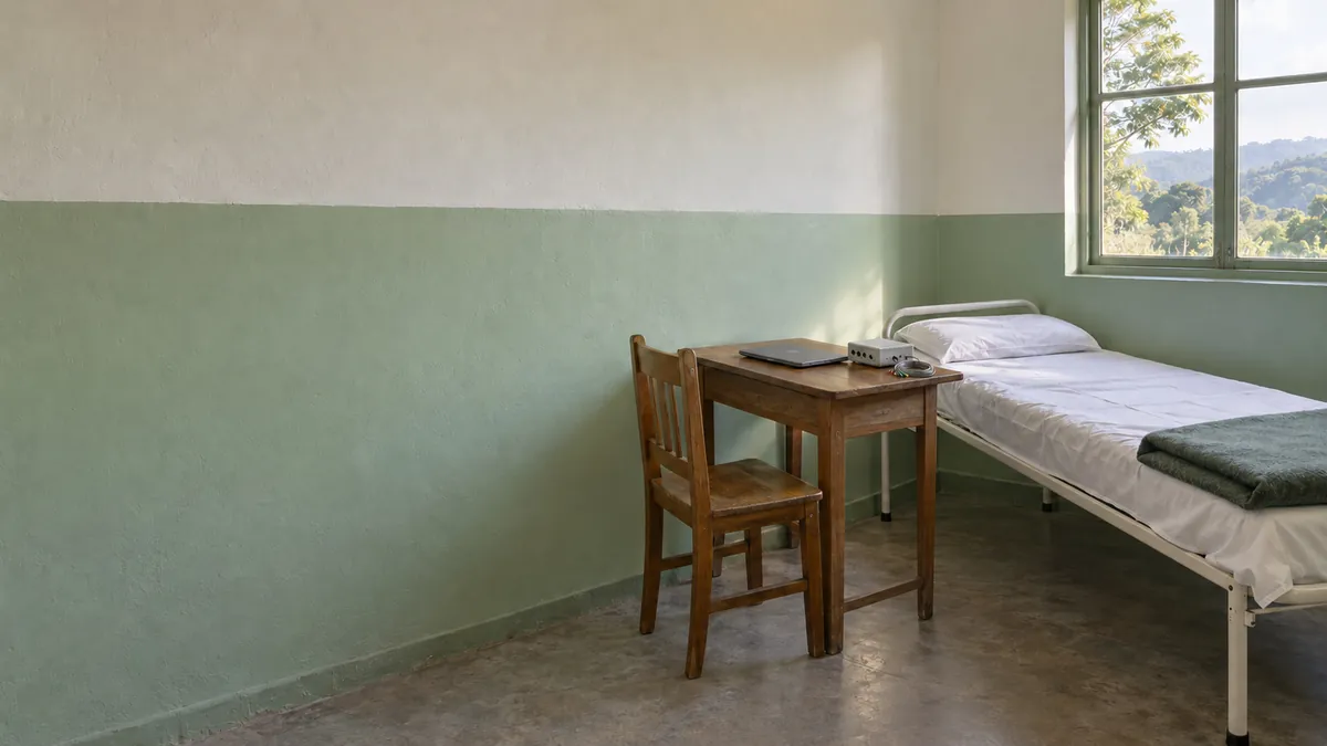 A quiet rural clinic room with an examination bed and a portable EEG set on a side table